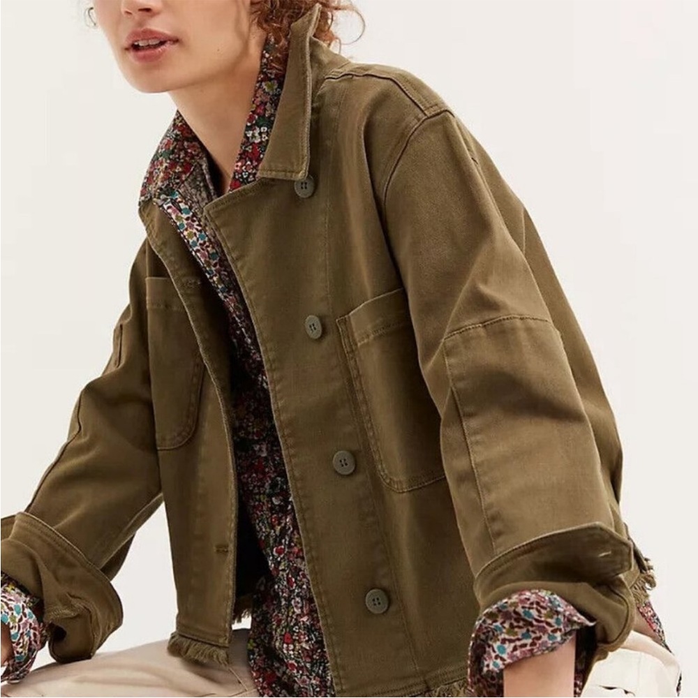 Anthropologie Sanctuary Utility Jacket Army Green Raw Hem Button Front Women’s M
